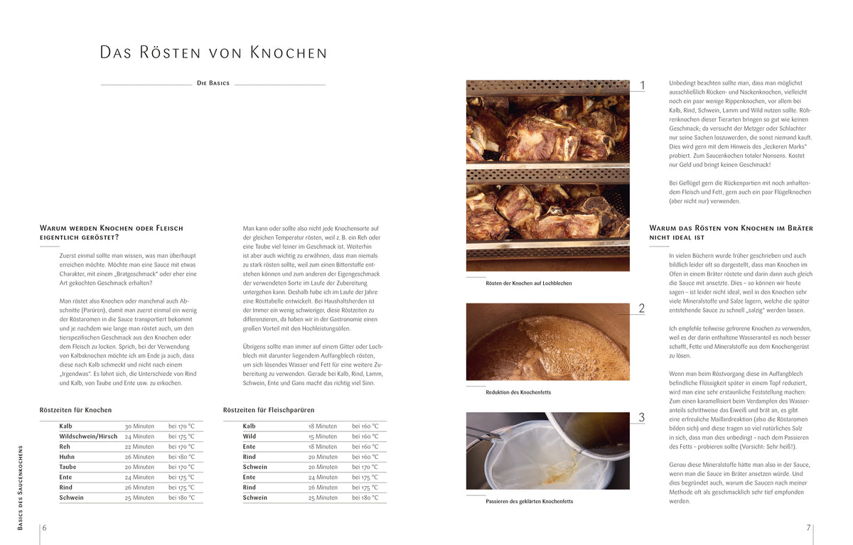 Eine Doppelseite über das Braten von Knochen, komplett mit Text, Fotos und Illustrationen, ist inspiriert von „SAUCEN – DAS KOCHBUCH VON JENS RITTMEYER“, einem Produkt des Matthaes – DK Verlags.