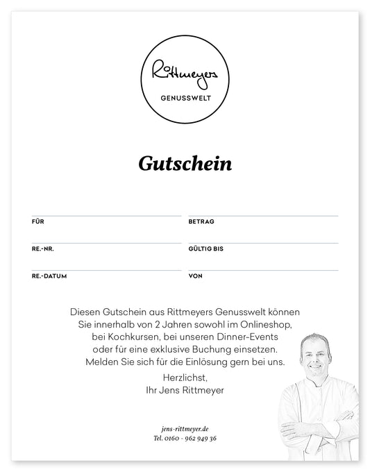 Der GUTSCHEIN von Rittmeyers Genusswelt bietet anpassbare Textfelder und eine charmante Kochillustration in der unteren rechten Ecke und ist somit eine ideale Geschenkidee.