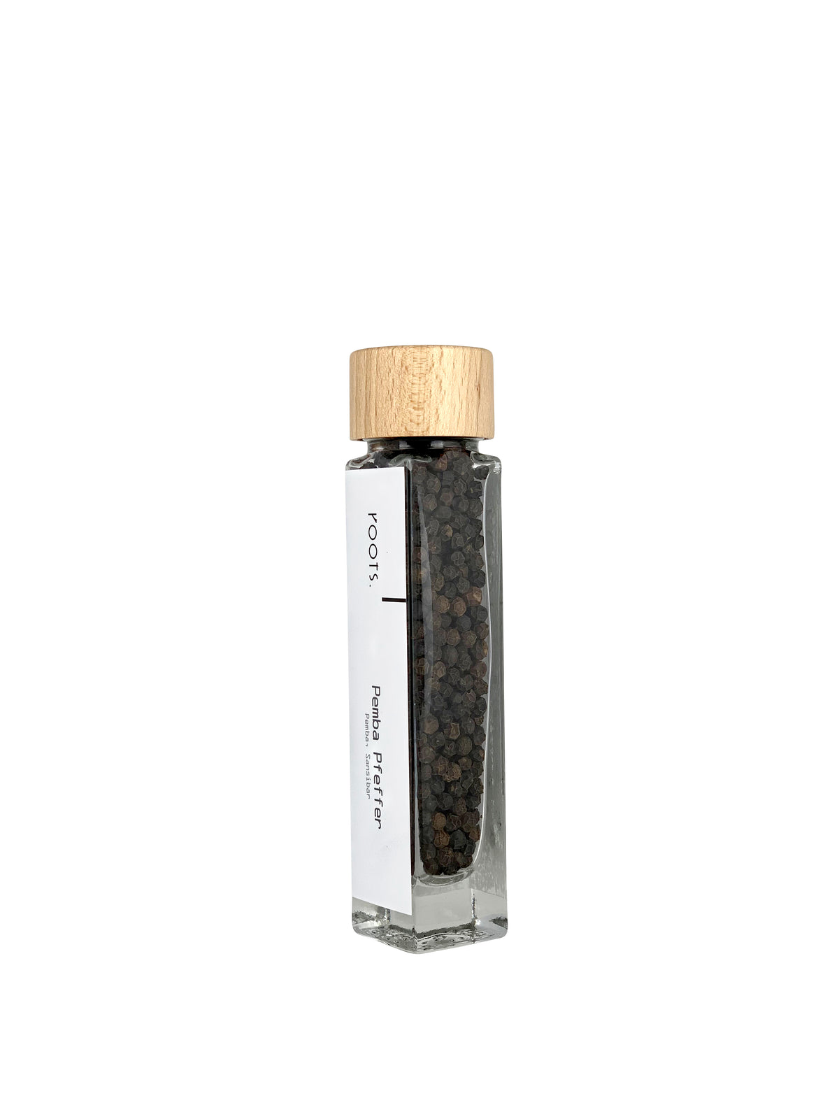 Der SCHWARZER PEMBA-PFEFFER von Roots Natural, ein Glas mit Holzdeckel, enthält hochwertige schwarze Pfefferkörner von Pemba Sansibar. Bekannt für seine antioxidativen Eigenschaften, ist dieses aromatische Gewürz unverzichtbar in jeder Küche.