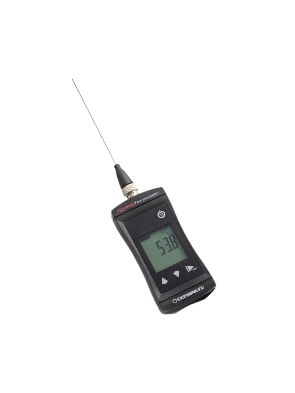 Das digitale Garthermometer von Greisinger mit langer Sonde zeigt genaue 53,8 Grad an und sorgt so für präzise Kerntemperaturen beim Kochen.